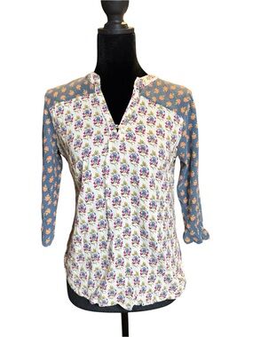 Maeve by Anthropologie Mixed Floral Print Split Neck 3/4 Sleeve Blouse XS Blue